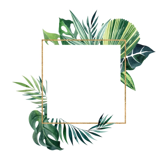 Cornice quadrata con foglie tropicali ed elemento dorato clipart vettoriali per inviti di nozze