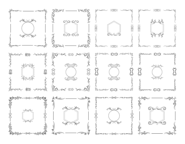 ベクトル 正方形のフレーム ビンテージ スタイルのフレーム セット 汚れたセピア フレーム 手描き落書き花の要素