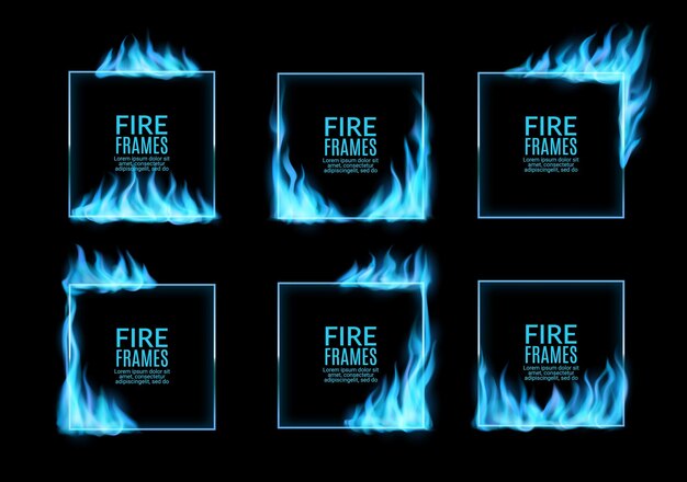 Vector square frames with blue gas fire flames