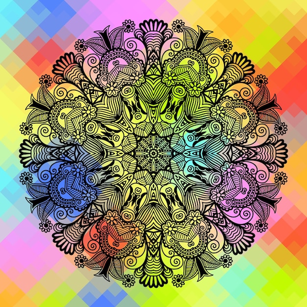 Vector square geometric composition with ethnic flower design color pa