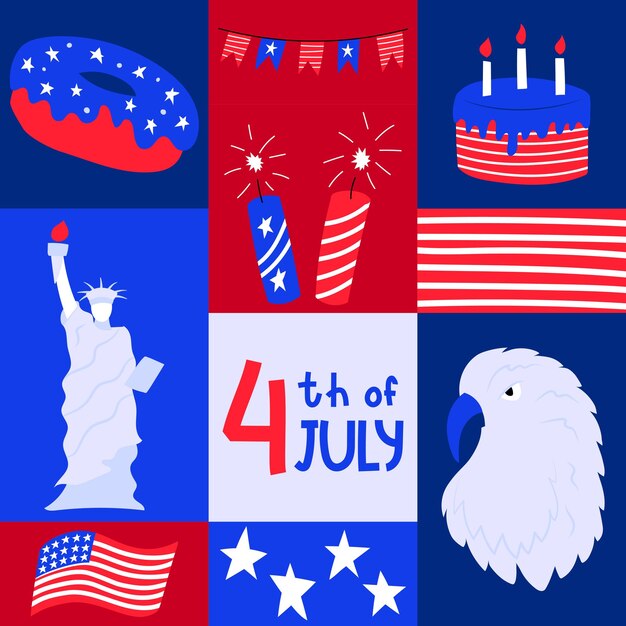 Vector square graphic poster with national symblos of usa independence day geometric greeting card for 4th of july patriotic elements in flat cartoon style bright color vector illustration