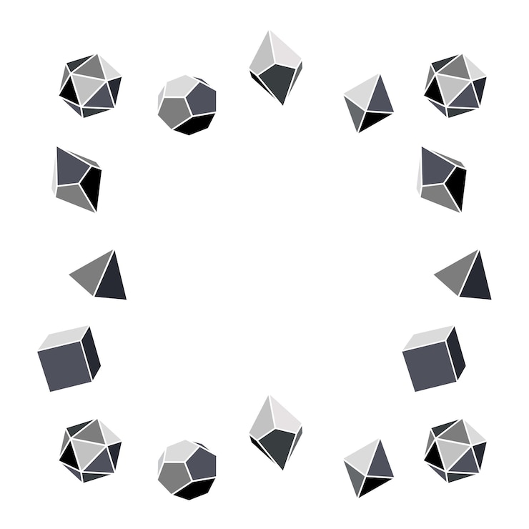 Vector square grayscale dice frame for dnd rpgs with four six eight twelve and twenty sides dungeons and