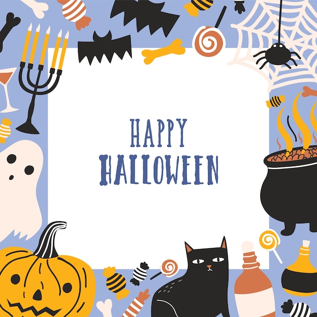 Квадратный шаблон поздравительной открытки, украшенный рамкой, состоящей из жутких существ, фонарика джека, сладостей и пожелания счастливого хэллоуина