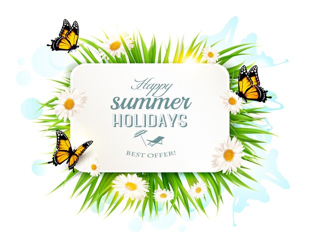 Square happy summer holidays banner with grass, butterflies and daisies.