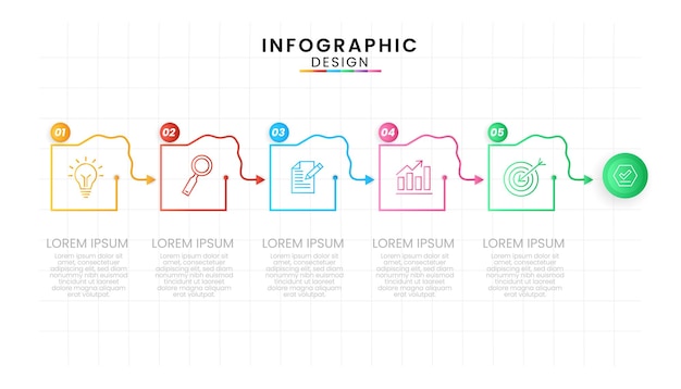 Квадратные инфографические иконки, предназначенные для современного фонового шаблона с диаграммой 5 Steps Line Process