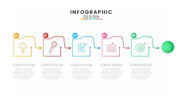 5 つのステップ ライン プロセス図とモダンな背景テンプレート用に設計された正方形のインフォ グラフィック アイコン