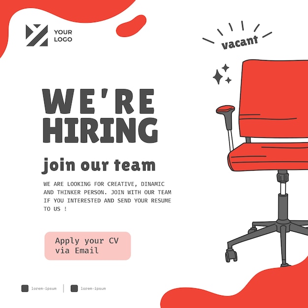 Vector square job vacancy design banner with office chair illustration open recruitment design template