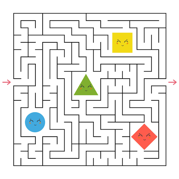 A square labyrinth. Collect all the geometric shapes and find a way out of the maze.