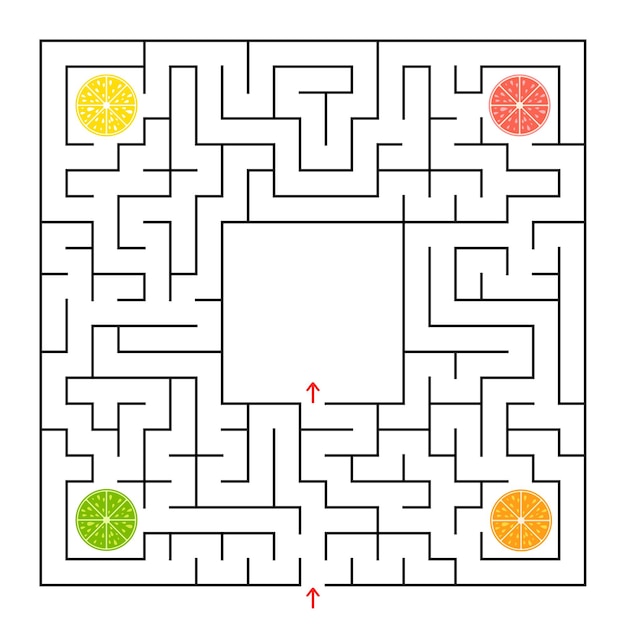 A square labyrinth. Collect all the lobes of fruit and find a way out of the maze.