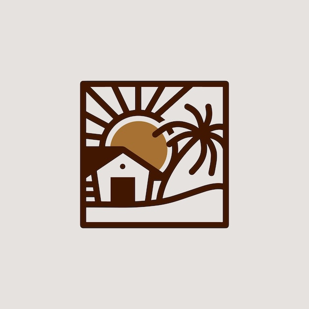 Un logo quadrato con una casa e una palma sullo sfondo.