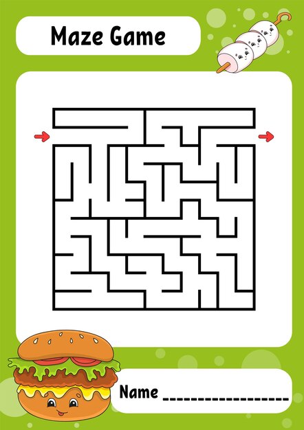 Labirinto quadrato gioco per bambini labirinto divertente istruzione in via di sviluppo foglio di lavoro pagina di attività puzzle per bambini in stile cartone animato enigma per scuola materna enigma logico illustrazione vettoriale a colori