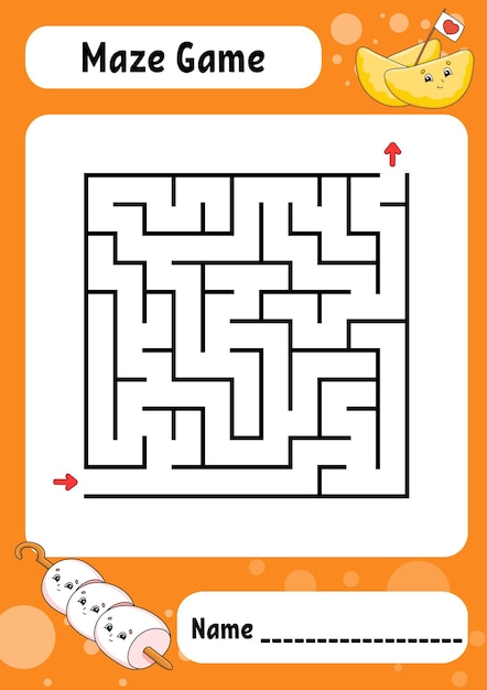 Square maze Game for kids Funny labyrinth Education developing worksheet Activity page Puzzle for children cartoon style Riddle for preschool Logical conundrum Color vector illustration