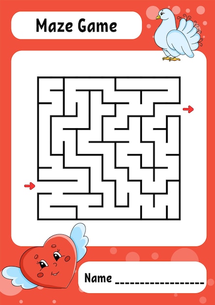 正方形の迷路。子供のためのゲーム。面白い迷宮。教育開発ワークシート。アクティビティページ。バレンタイン・デー。
