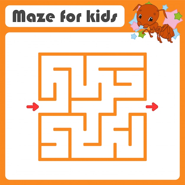 正方形の迷路。子供向けのゲーム。昆虫アリ。子供のためのパズル。漫画のスタイル。迷宮の難問。