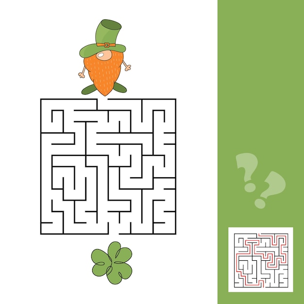 Square maze game for kids leprechaun and clover puzzle for children