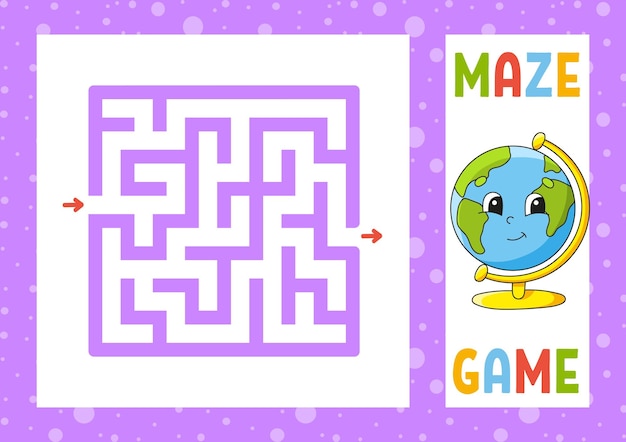 어린이를 위한 사각형 미로 게임 어린이를 위한 퍼즐 행복한 캐릭터 미로 수수께끼 올바른 경로 찾기 벡터 그림