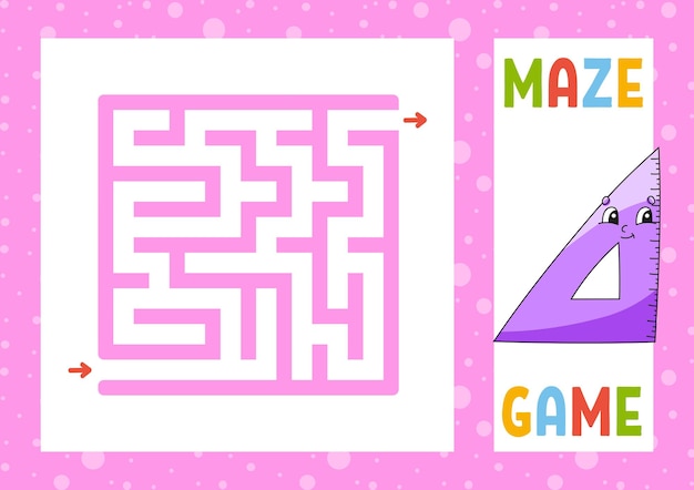 正方形の迷路 子供のためのゲーム 子供のためのパズル 幸せな文字 迷路の難問 正しい道を見つける ベクトル図