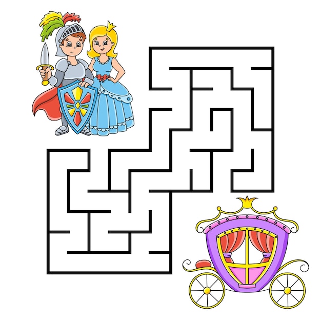 正方形の迷路 子供のためのゲーム 子供のためのパズル 迷宮の難問 おとぎ話のテーマの漫画のキャラクター