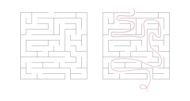 子供向けの四角い迷路。シンプルなパズル 直線迷路。子供のおもちゃのベクトル イラスト