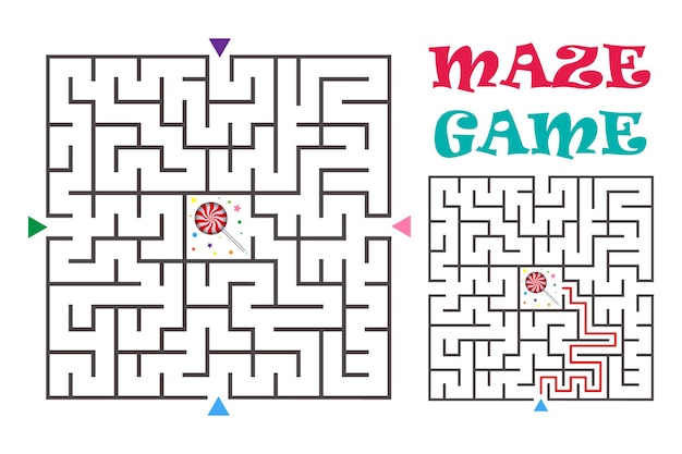 Square maze labyrinth game for kids logic conundrum with candy three entrances one right way to go