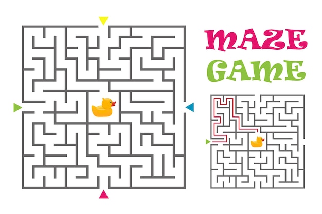 Square maze labyrinth game for kids with rubber duck Logic conundrum Four entrance and one right way