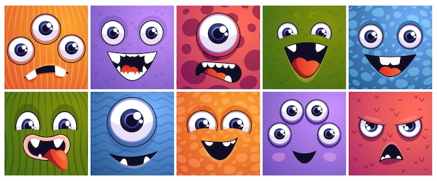 Vector square monster faces cartoon alien and dinosaur faces square banners funny alien creature mascot with emotion expressions vector isolated collection of emoticon funny cartoon emotion illustration