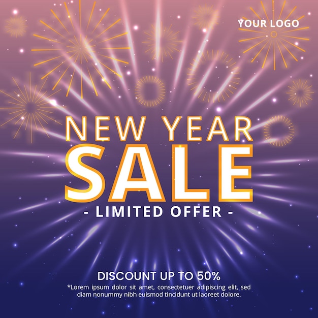 Square new year sale banner with typography and fireworks