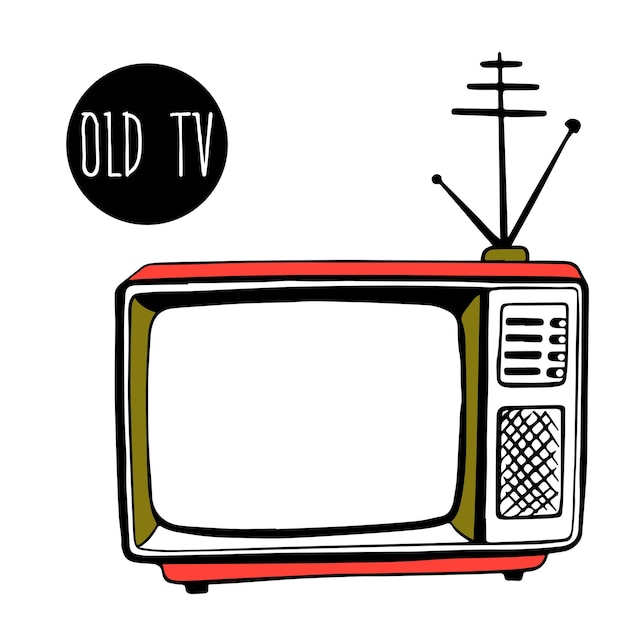 Square old TV with an antenna. Antique TV in a classic wooden case in sketch. style of the 80s