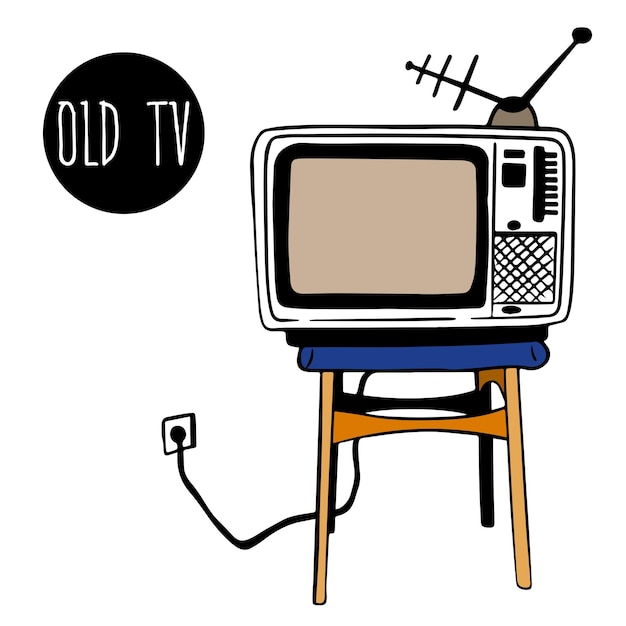 Square old TV with antenna stands on stool chair. Retro TV with classic wooden case in sketch style