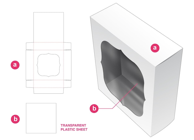 Square packaging box and window with transparent plastic sheet die cut template