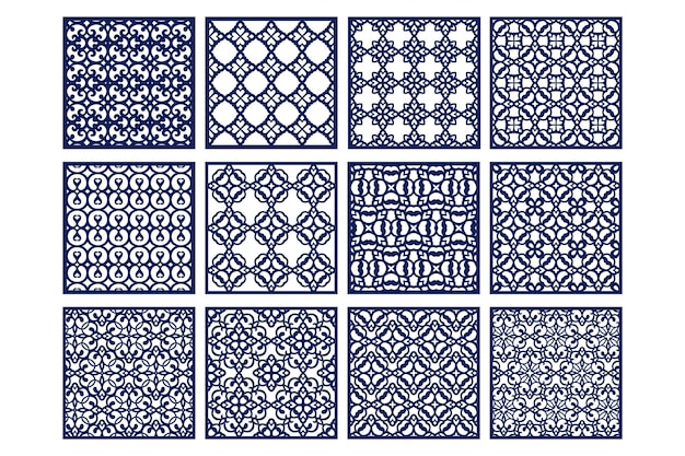 Square panels cutting template set with ornamental cutout pattern