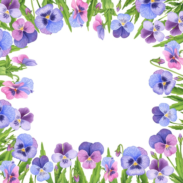 Vector square pansy flower frame watercolor hand drawn flowers template for spring card with garden flowers