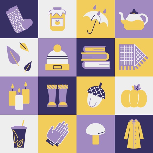 Квадратный набор осенних предметов Теплая одежда занятия хобби еда и урожай Листья зонтик