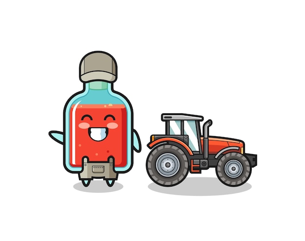 The square poison bottle farmer mascot standing beside a tractor