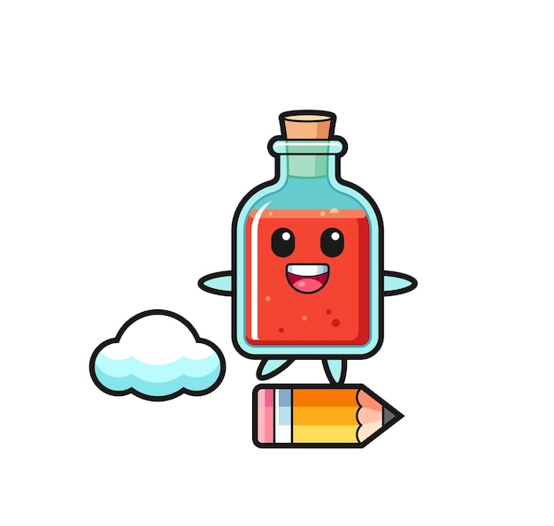Square poison bottle mascot illustration riding on a giant pencil