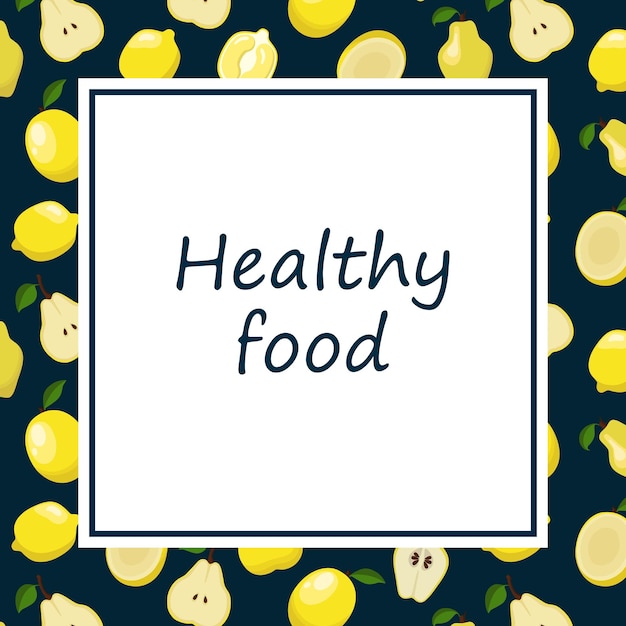 Квадратный плакат с надписью "Здоровая пища" в центральном кадре с желтыми фруктами на краях