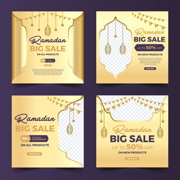 Set di post quadrati social media con design islamico grande vendita ramadan