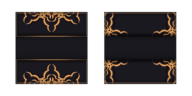 豪華な装飾が施された黒い色の正方形のポストカードデザイン。あなたのテキストとビンテージパターンのためのスペースを備えた招待カードのデザイン。