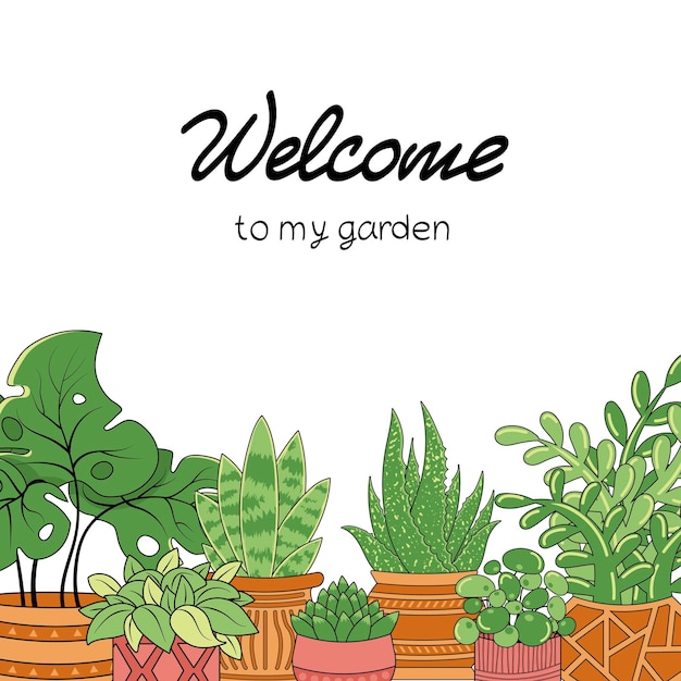 Vector square postcard with inscription welcome to my garden