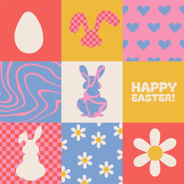 Square poster or card for happy easter groovy egg bunny silhouettes in retro cartoon style of s s on