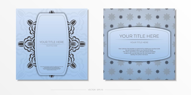 Square preparing blue postcards with luxurious black ornaments. template for design printable invitation card with vintage patterns.