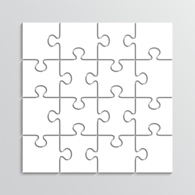 Vector square puzzle pieces 4x4 grid modern background with 16 separate shapes jigsaw outline grid