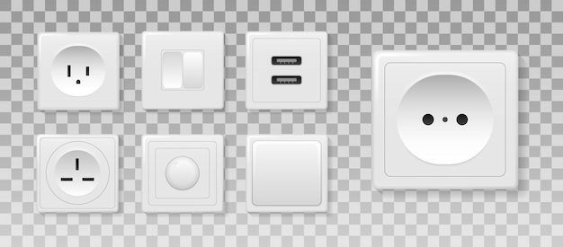 Square rectangular and round white wall switch and sockets