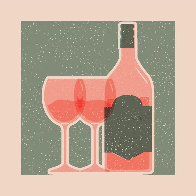 Square risograph poster with wine glasses modern flat style