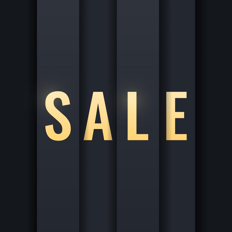 Vector square sale banner web banner with black stripes on dark background with gold letters template