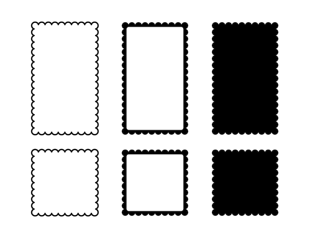 正方形のスカラップ フレーム スカラップ エッジの長方形の形状 シンプルなラベルとステッカー フォーム 花のシルエット レース フレーム 繰り返しヴィンテージ フリル飾り 白い背景で隔離のベクトル図