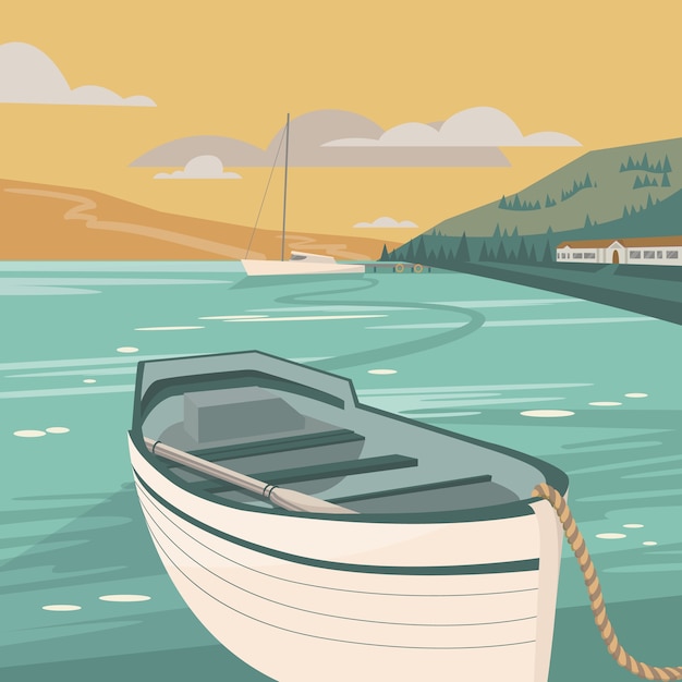 Vector square sea landscape with the old boat in front and yacht, house and mountains