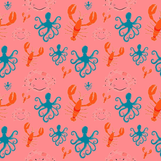 Vector square seamless pattern  hand drawn red lobster, octopus, crab. seafood shop, restaurant menu