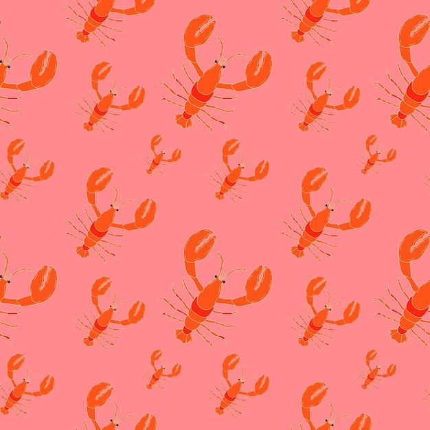 Квадратный бесшовный узор Ручной рисунок красного лобстера. Магазин морепродуктов, меню ресторана, рыбный рынок, баннер