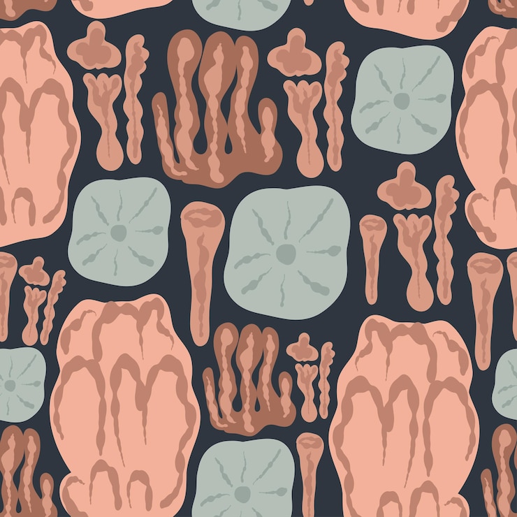 Vector square seamless pattern sea shells and corals flat design